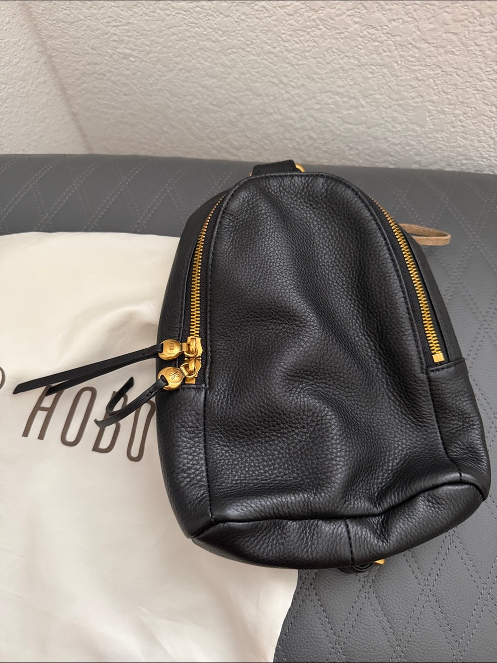 HOBO Fern Black Pebbled Leather Mini Sling Bag with Gold Hardware - Picture 2 of 10